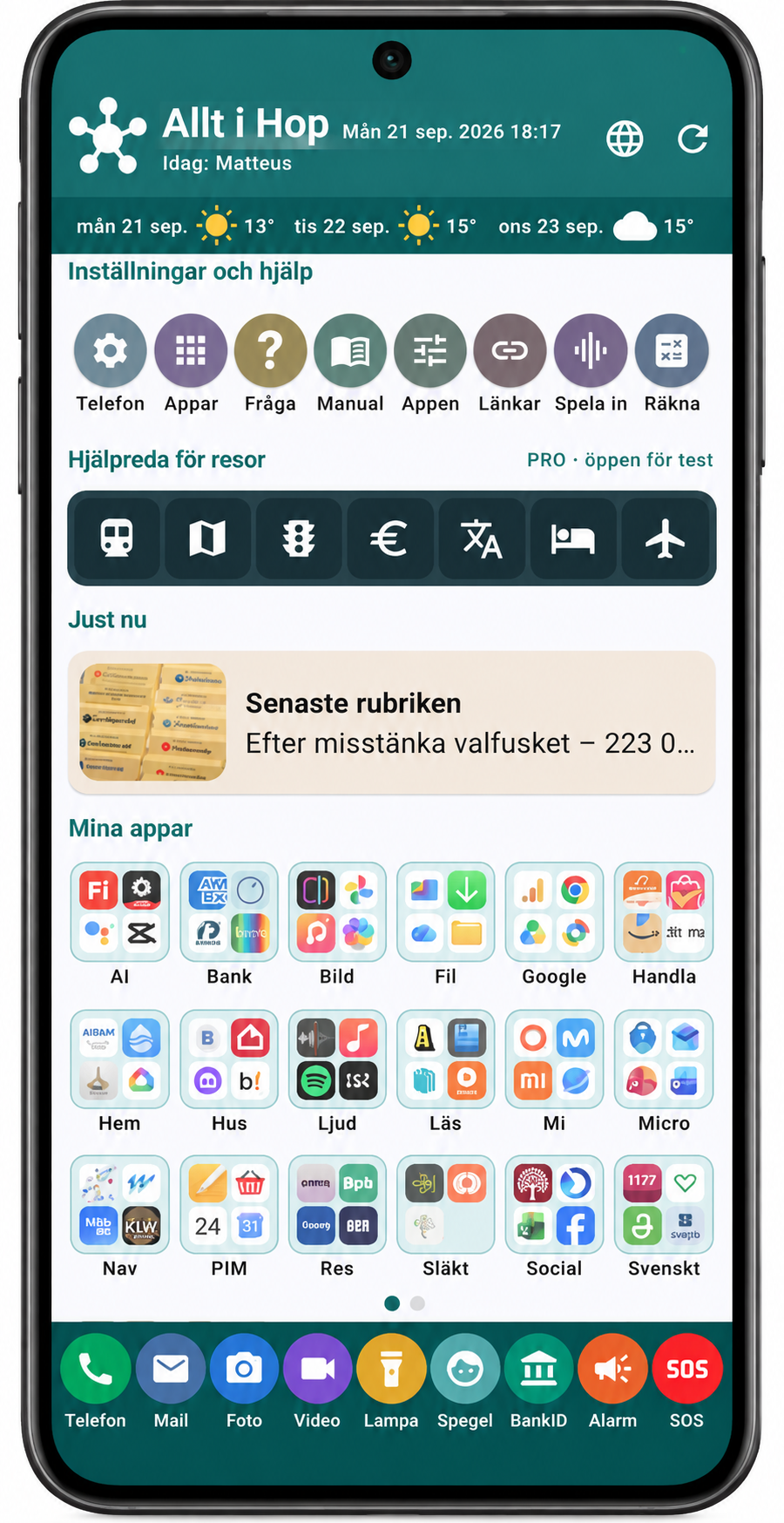 Allt i Hops andra vy med inställningar, hjälp, resverktyg och appmappar